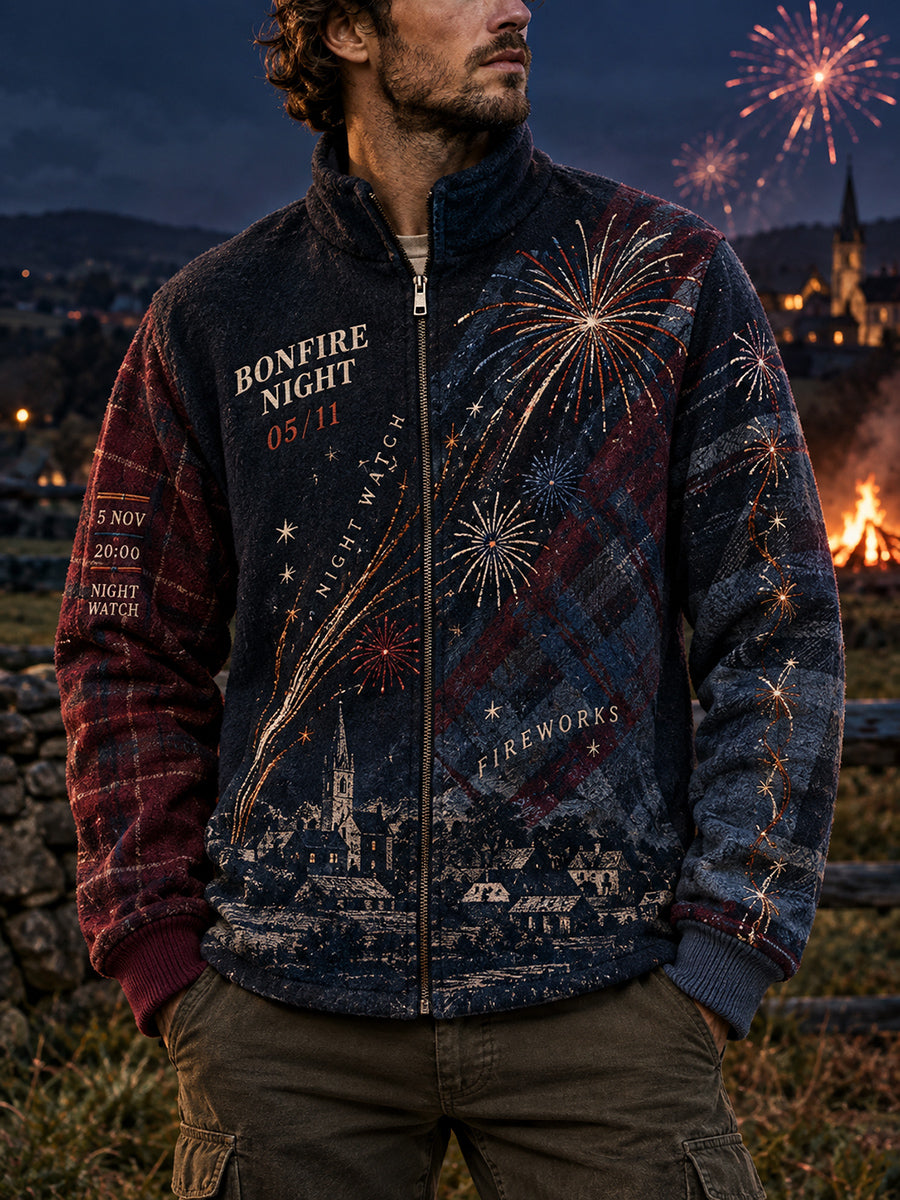 Men's British Bonfire Night Printed Flannel Zipper Jacket