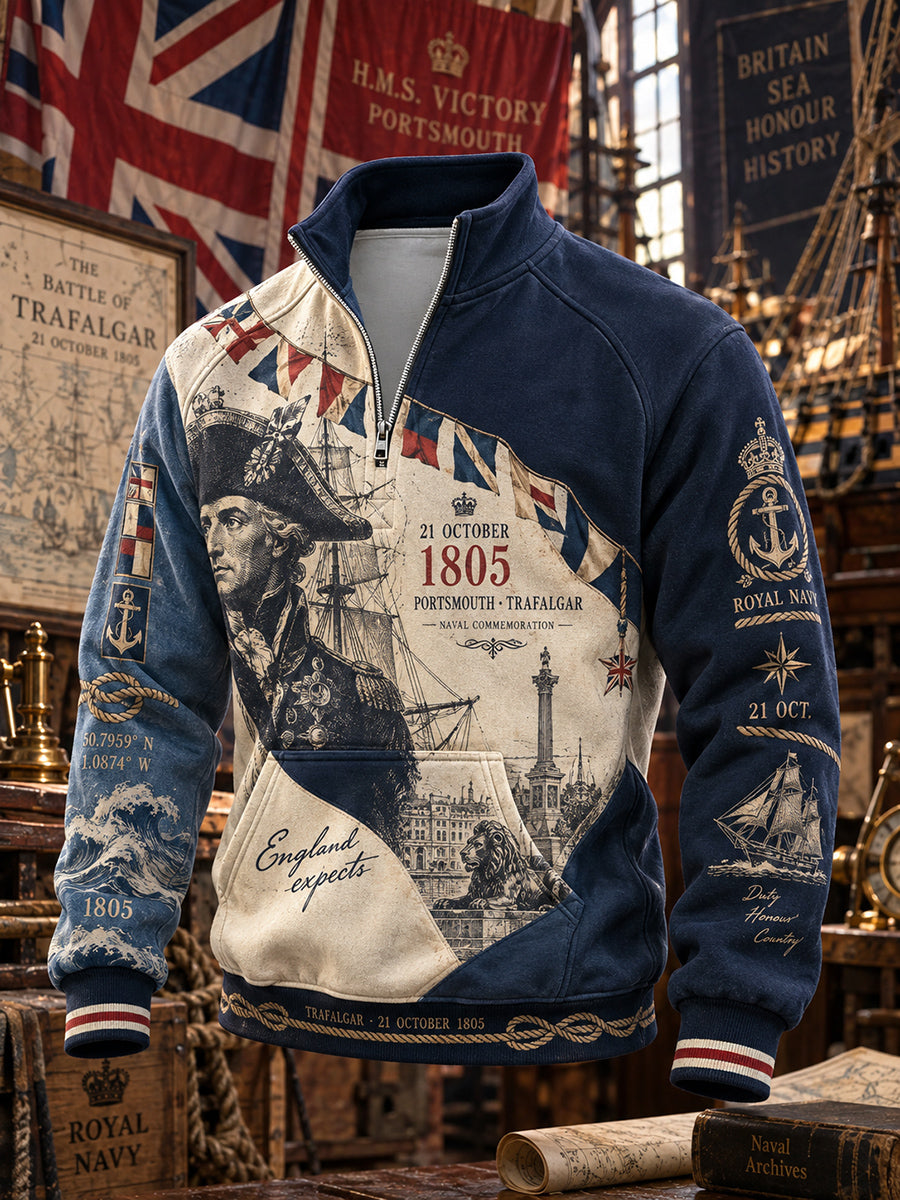 Men's Vintage British Trafalgar Day Printed Hoodie