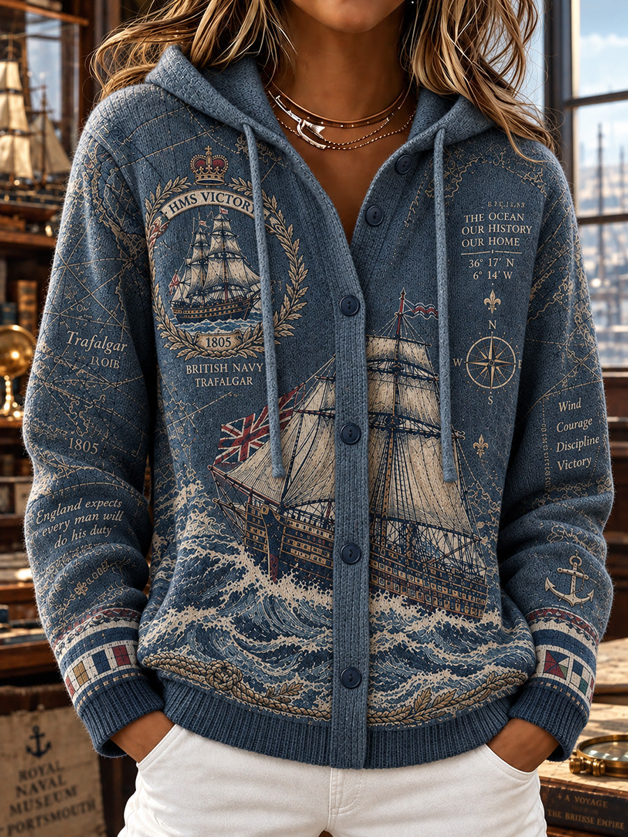 Women's Vintage British Trafalgar Day Printed Knitted Coat