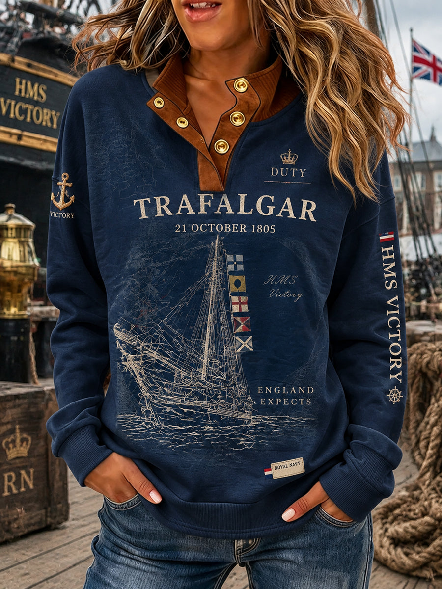 Women's British Trafalgar Day Printed Button-up Stand-collar Sweatshirt