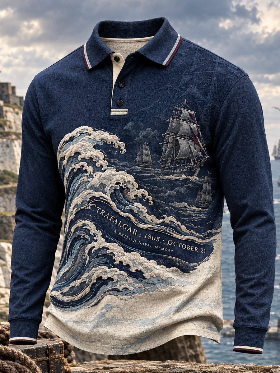 Men's Long-sleeved British Trafalgar Day Printed Polo Shirt