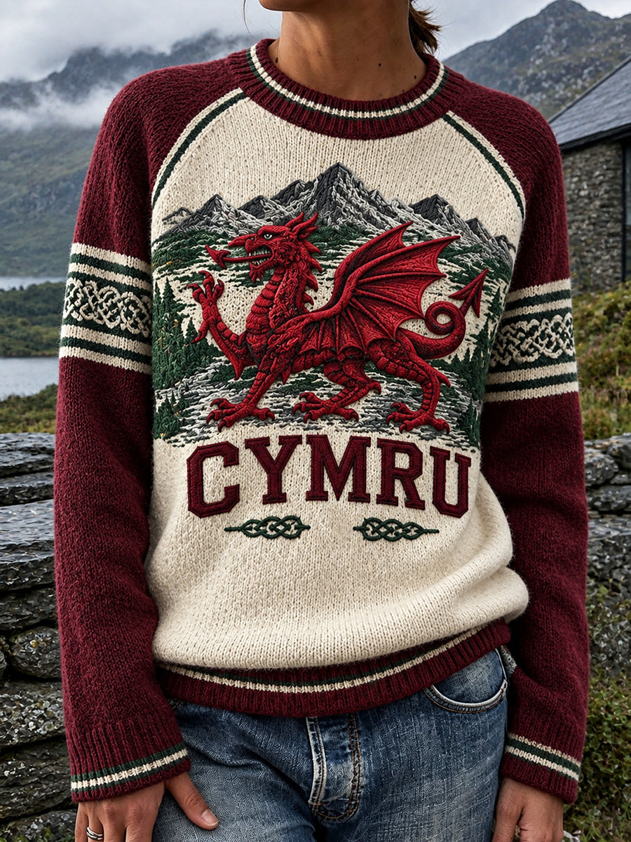 Women's Vintage British Wales Printed Crew Neck Sweater
