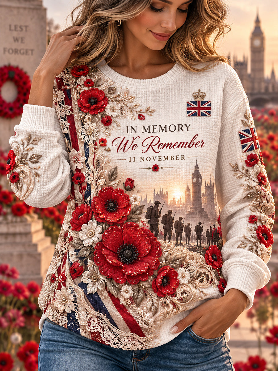 Women's Remembrance Day Print Waffle-Knit Long-Sleeve Sweatshirt