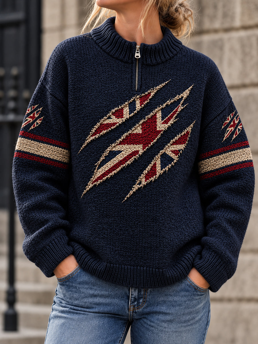 Women's UK Flag Print Casual Zipper Pullover