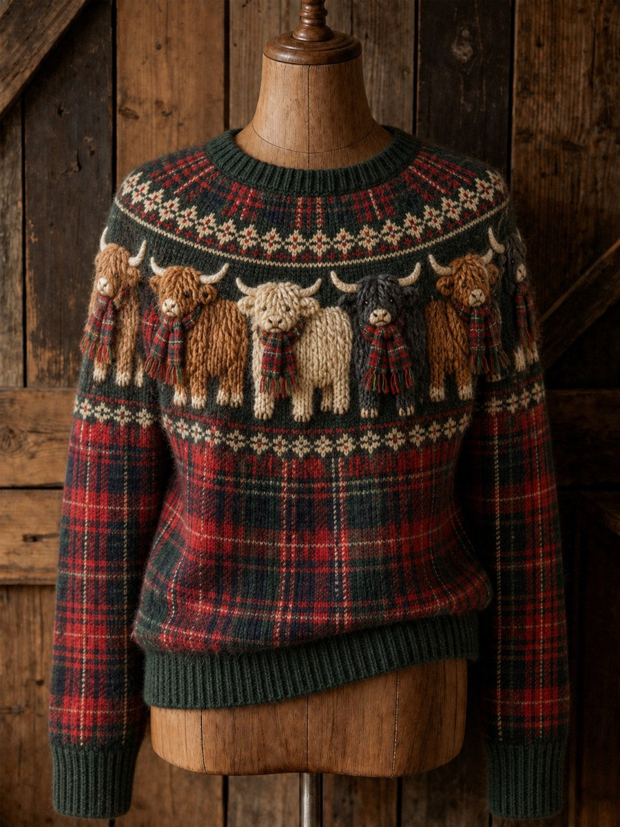 Women's Vintage Highland Cows Yoke & Scotland Tartan Print crew neck sweater