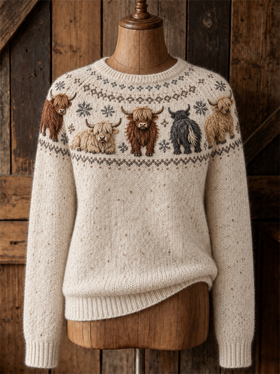 Women's Vintage Highland Cows Yoke Isle Print crew neck sweater