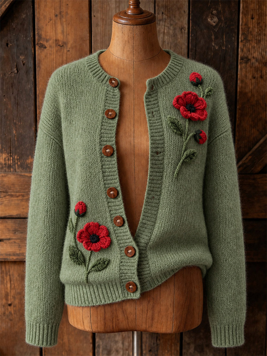 Women's Classy Papaveraceae Floral Print Cardigan-Style Knit Jacket