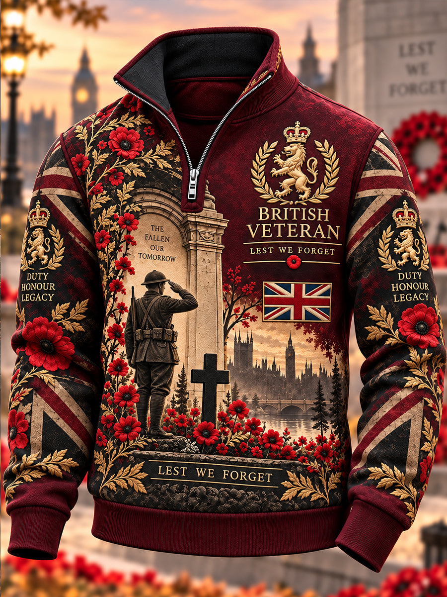 Men's British Veteran Remembrance Day Stand-Collar Half-Zip Sweatshirt