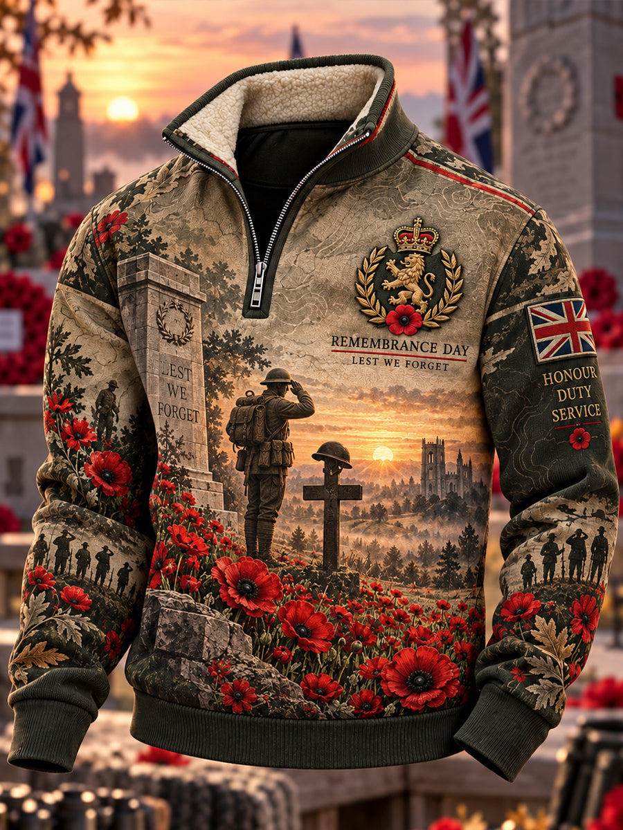 Men's British Veteran Remembrance Day Fleece-Lined Stand-Collar Sweatshirt