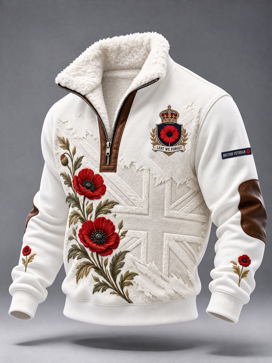 Men's Lest We Forget Print Plush Stand Collar Shirt