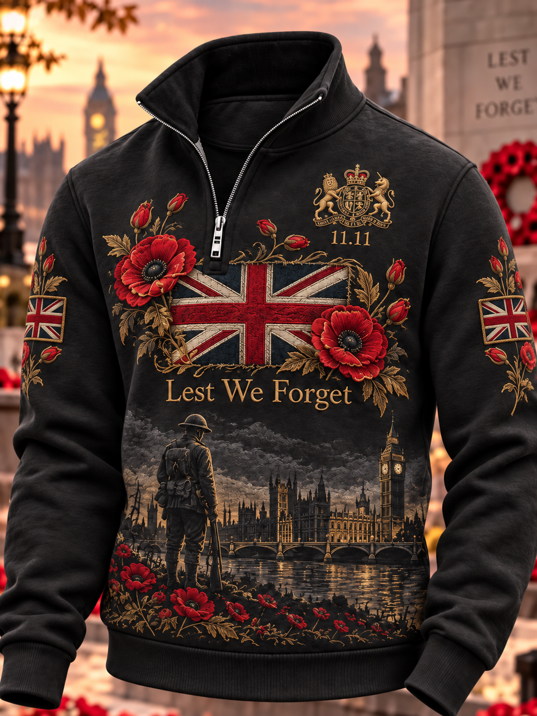 Men's Remembrance Day Lest We Forget Print Zip-Up Hoodie
