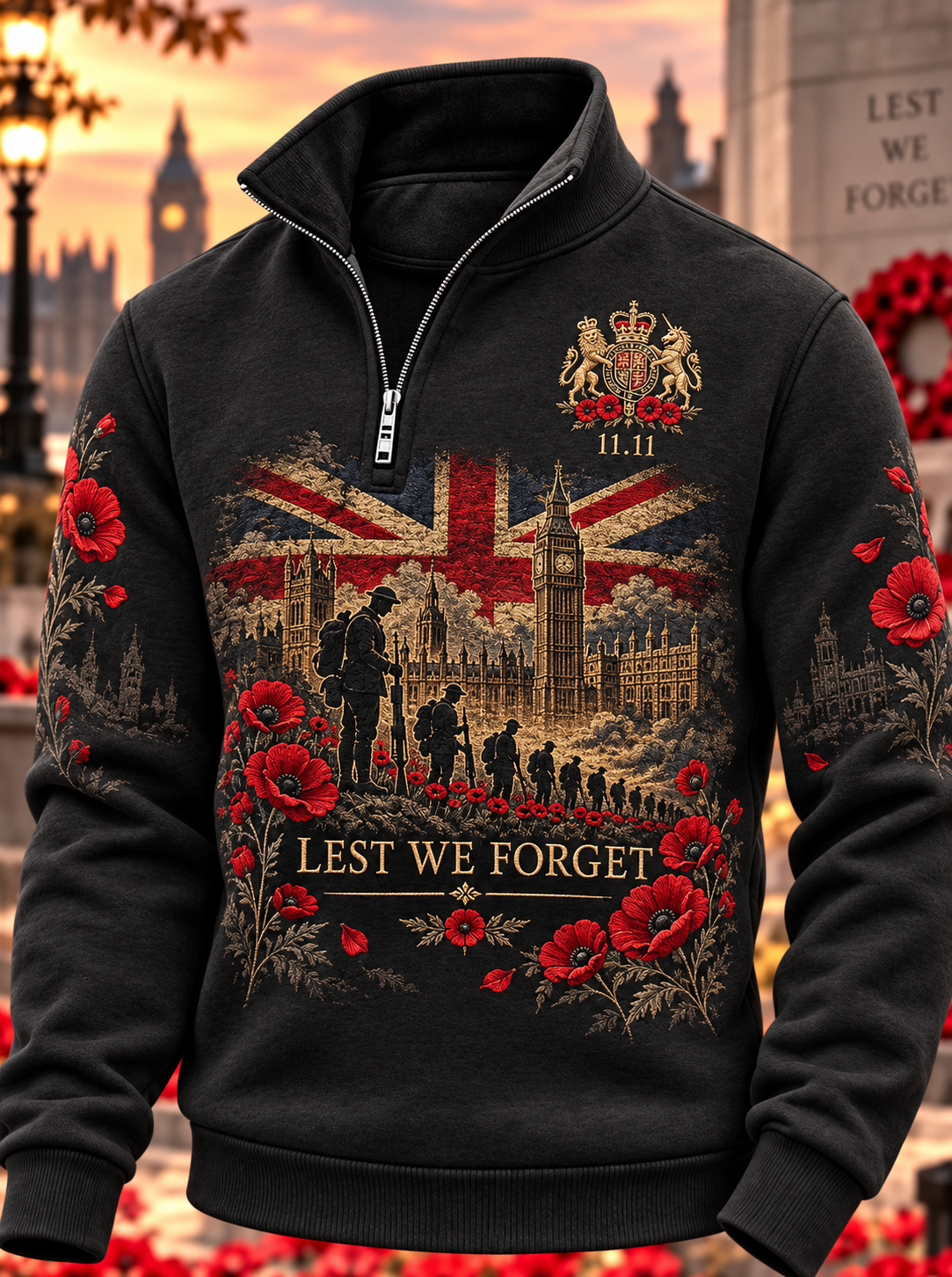 Men's Remembrance Day Lest We Forget Print Zip-Up Hoodie