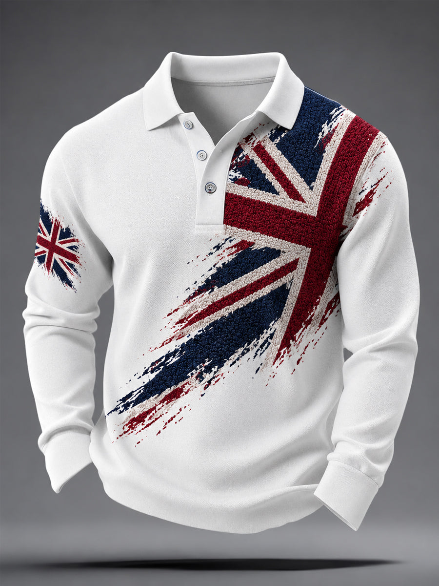 Men's UK Flag Print Casual Long Sleeve Polo