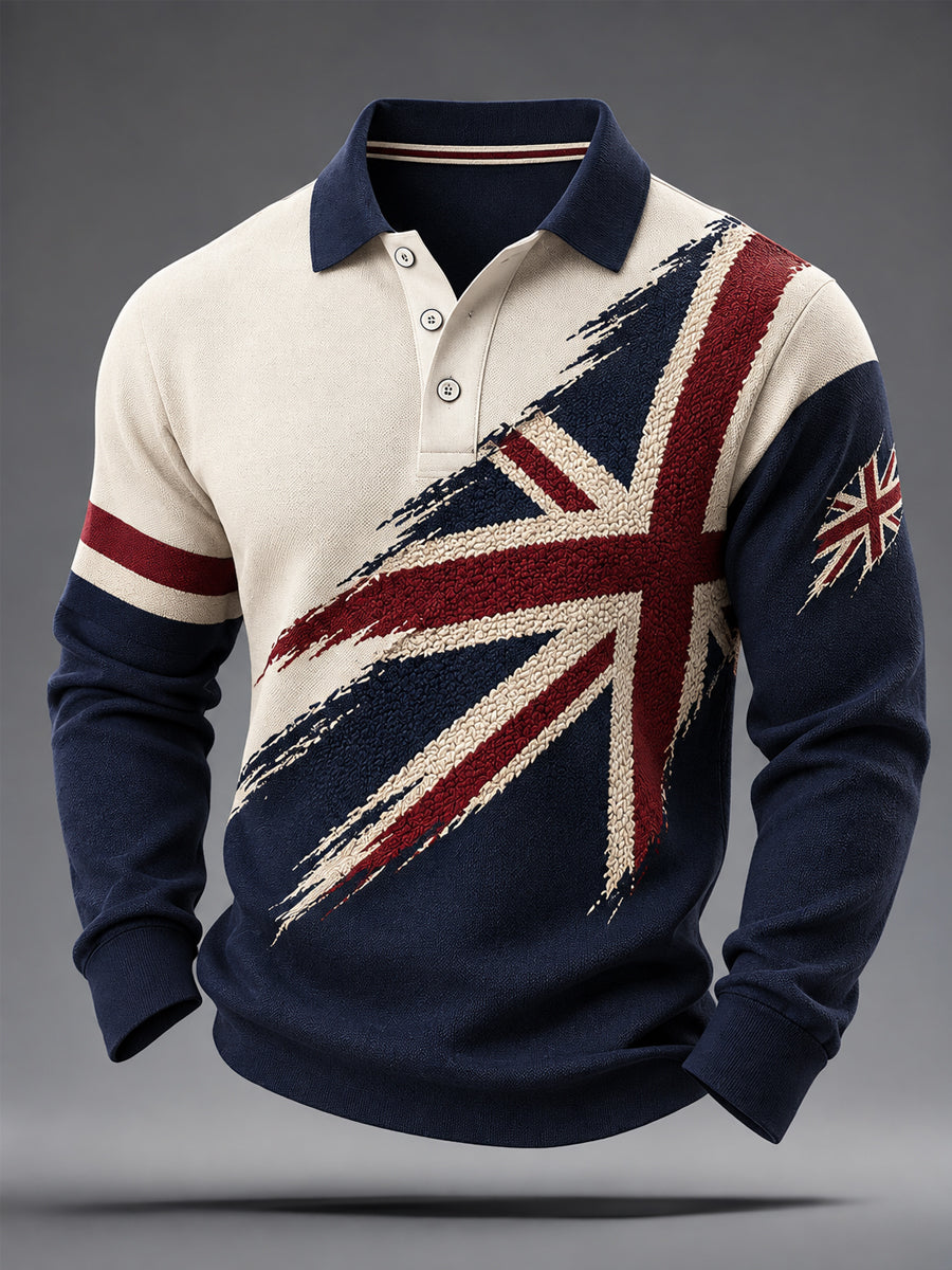 Men's UK Flag Print Casual Long Sleeve Polo