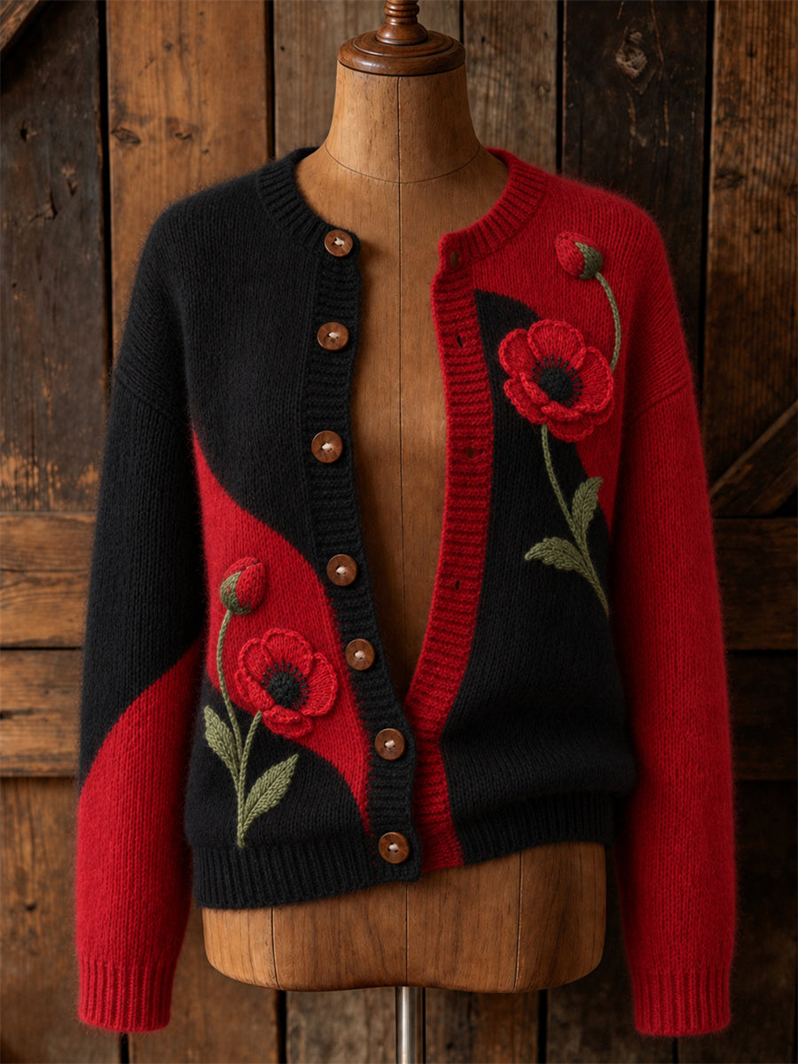Women's Classy Papaveraceae Floral Contrast Color Print Cardigan-Style Knit Jacket