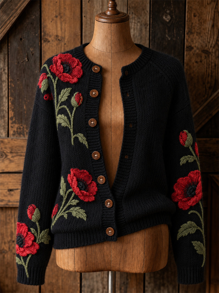 Women's Classy Papaveraceae Floral Print Cardigan-Style Knit Jacket