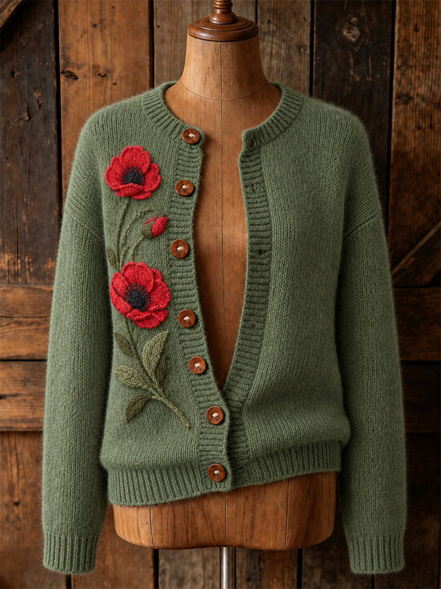 Women's Classy Papaveraceae Floral Print Cardigan-Style Knit Jacket