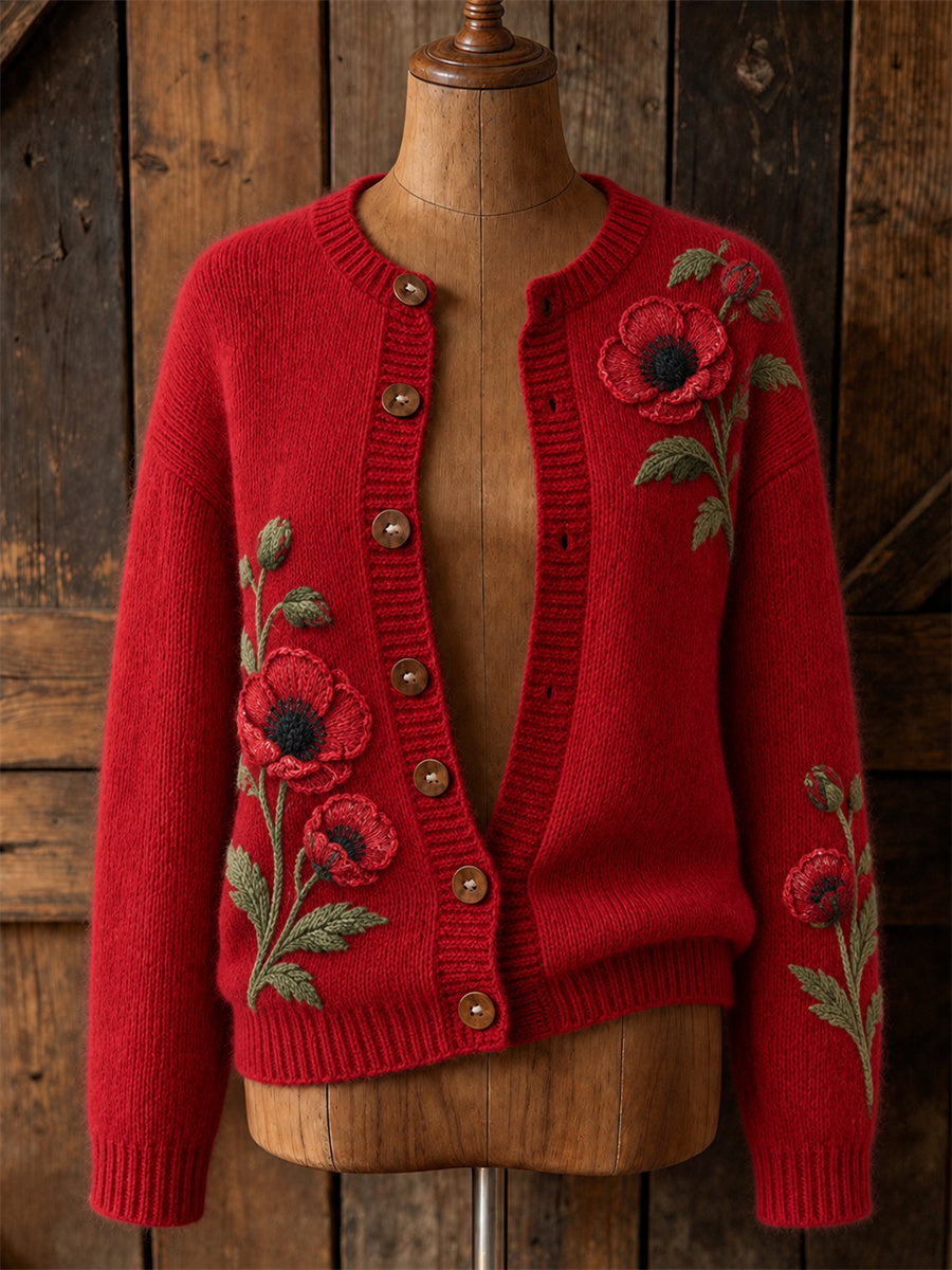 Women's Classy Papaveraceae Floral Print Cardigan-Style Knit Jacket
