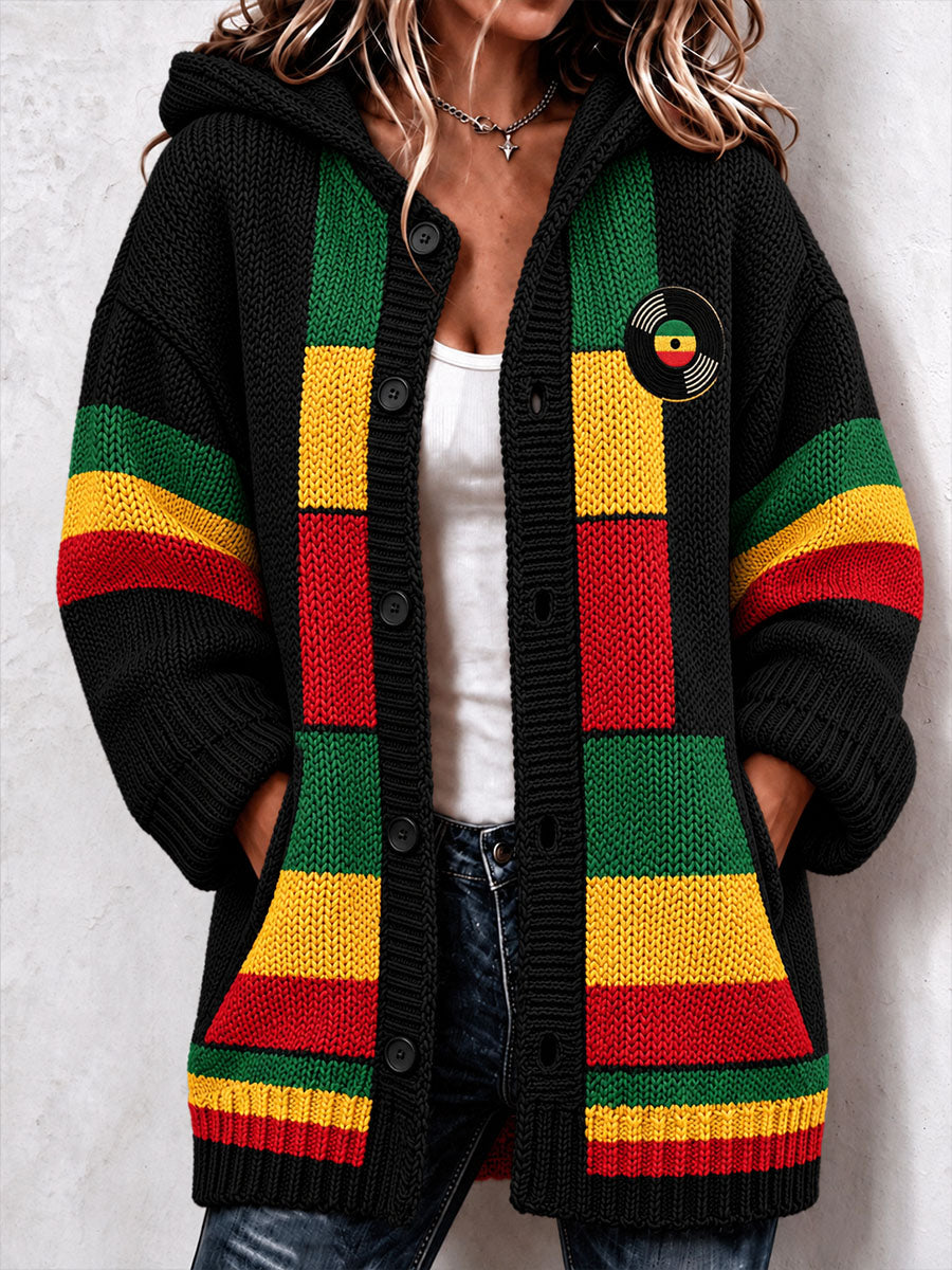 Women's Reggae-Inspired Cozy Knit Hooded Cardigan