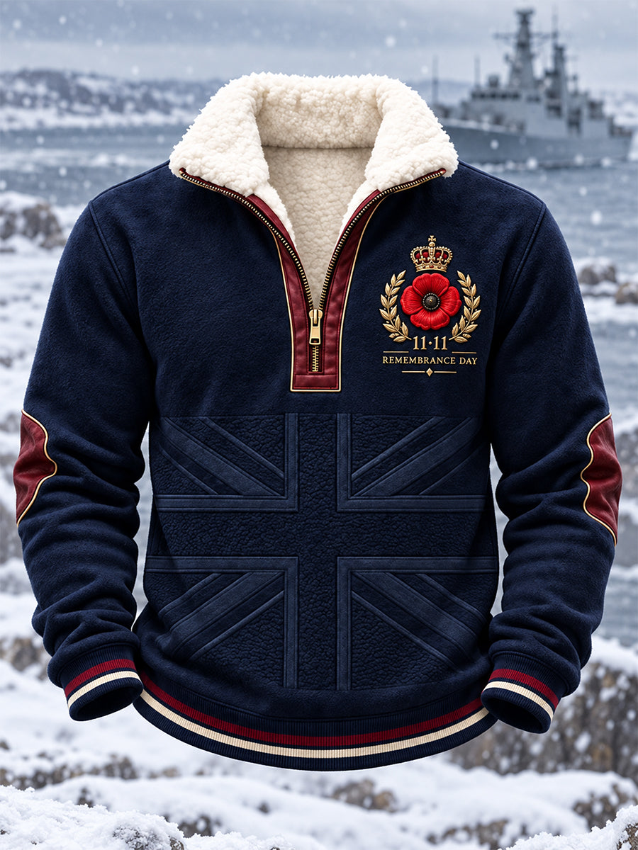 Men's Remembrance Day Lest We Forget Fleece-Lined Stand-Up Collar Sweatshirt