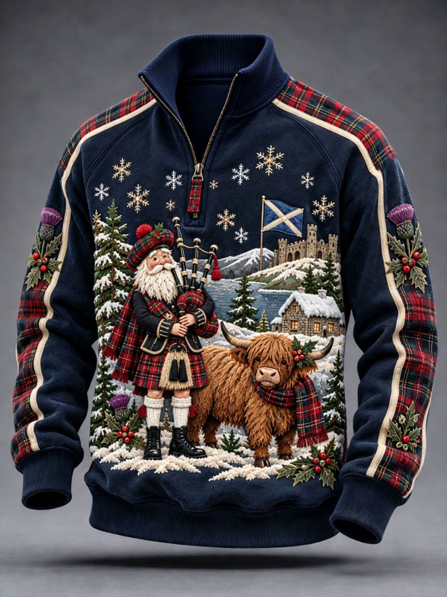 Men's Scottish Christmas Printed Zip-Up Hoodie