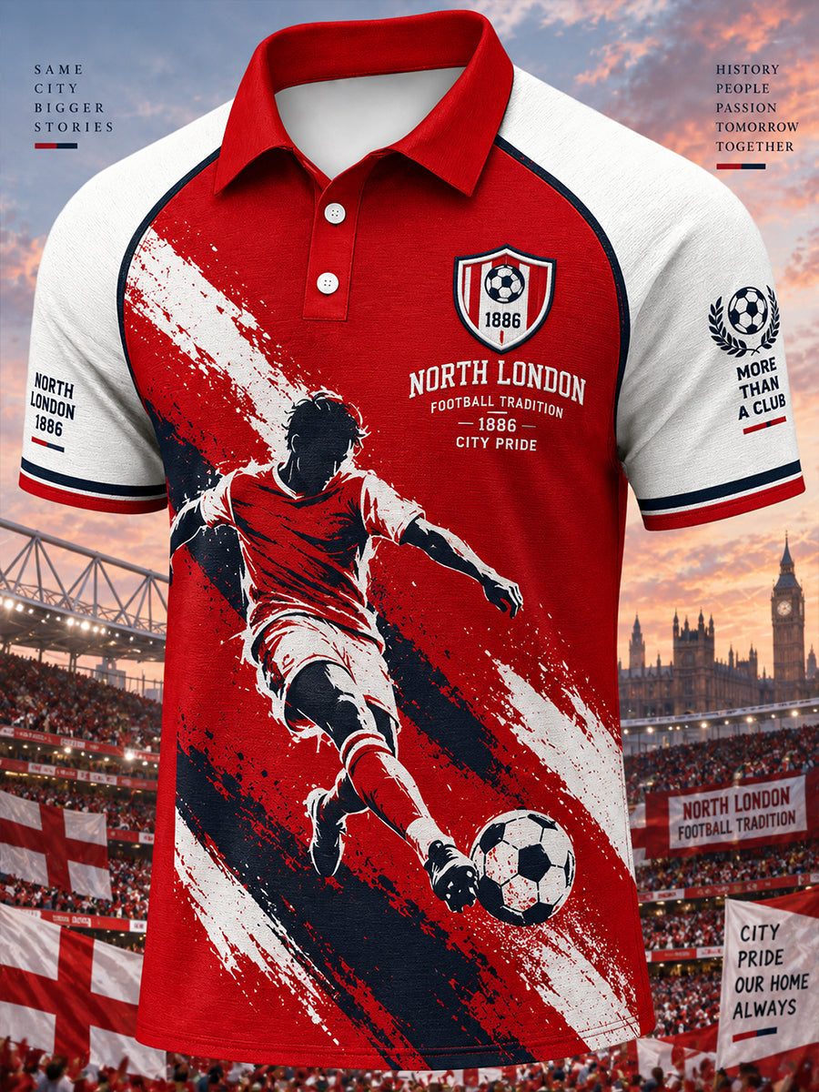 Men's Short-Sleeve Raglan Polo Shirt With Soccer-Themed Print