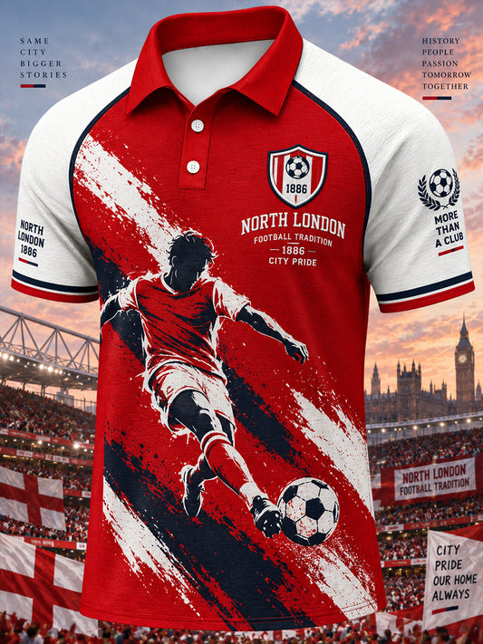 Men's Short-Sleeve Raglan Polo Shirt With Soccer-Themed Print