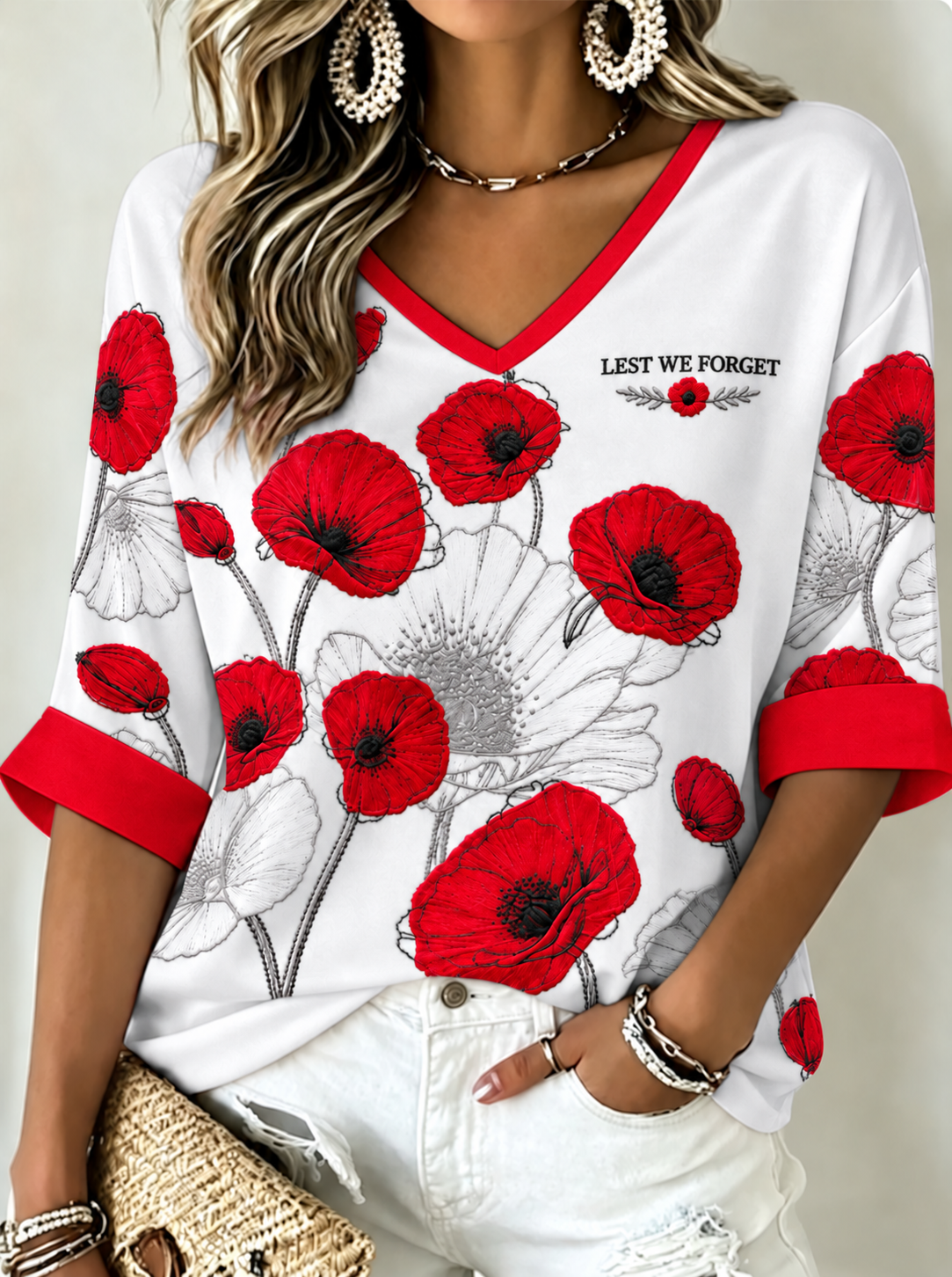 Women's Remembrance Day Lest We Forget Mid-length Sleeves V-Neck T-Shirt