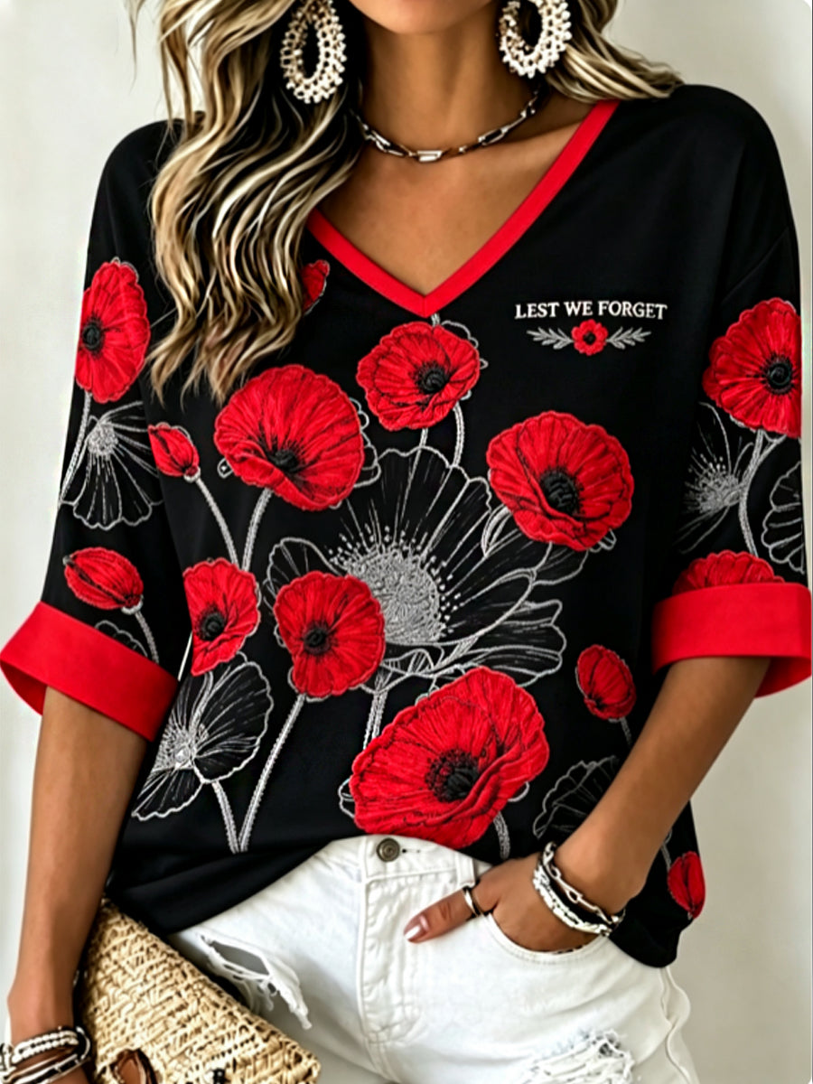 Women's Remembrance Day Lest We Forget Mid-length Sleeves V-Neck T-Shirt