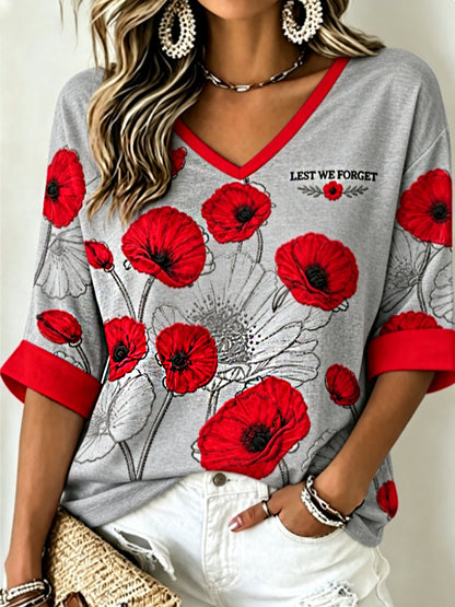 Women's Remembrance Day Lest We Forget Mid-length Sleeves V-Neck T-Shirt