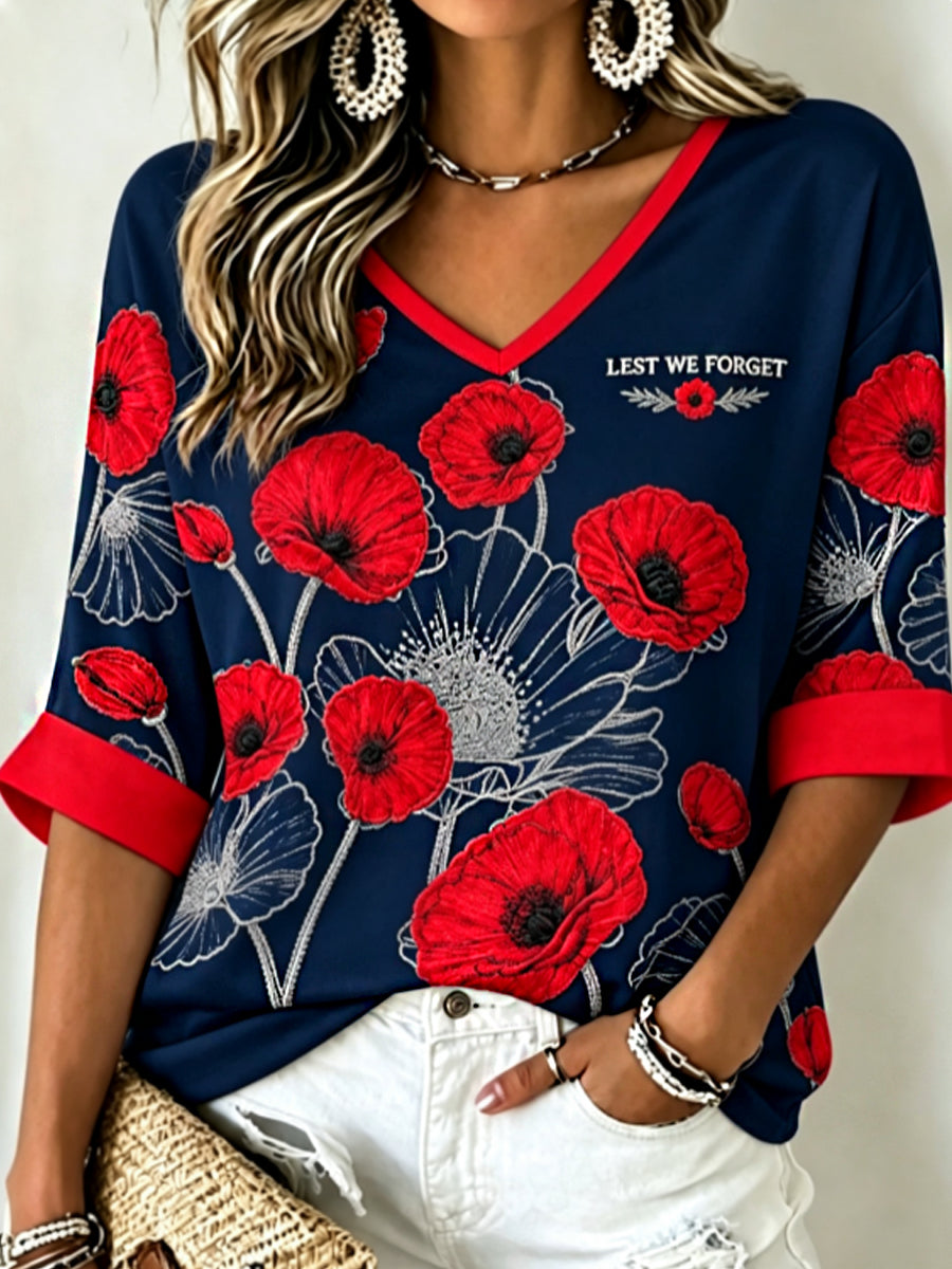 Women's Remembrance Day Lest We Forget Mid-length Sleeves V-Neck T-Shirt