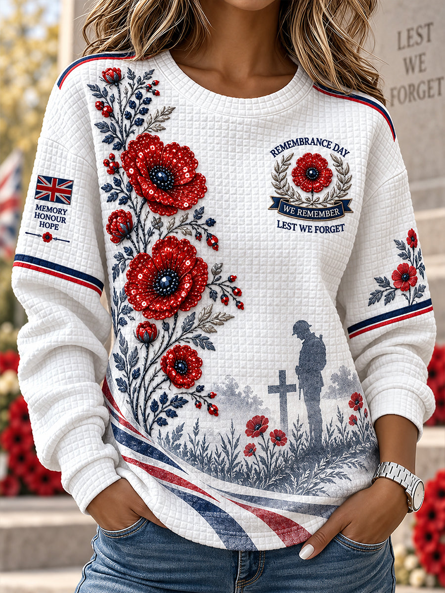 Women's Remembrance Day Veteran Commemoration Print Waffle-Knit Long-Sleeve Top