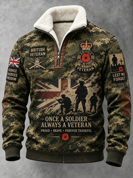 Men's Lest We Forget Print Plush Stand Collar Shirt