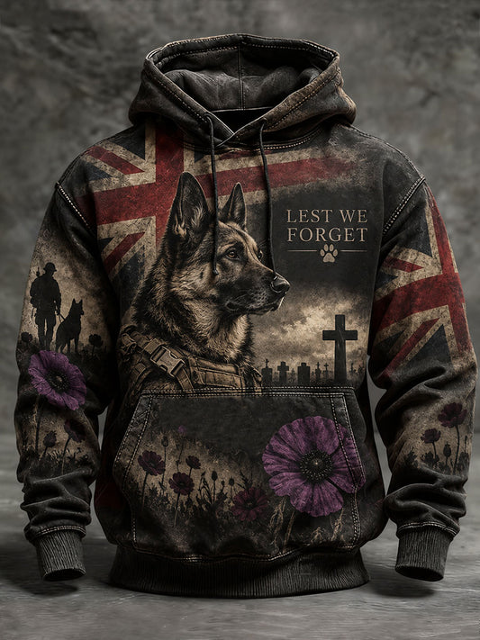 Men's Lest We Foget Military Dog Print Oversized Drop-Shoulder Hoodie With Pockets