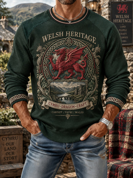Men's Vintage British Wales Printed Crew-Neck Hoodie