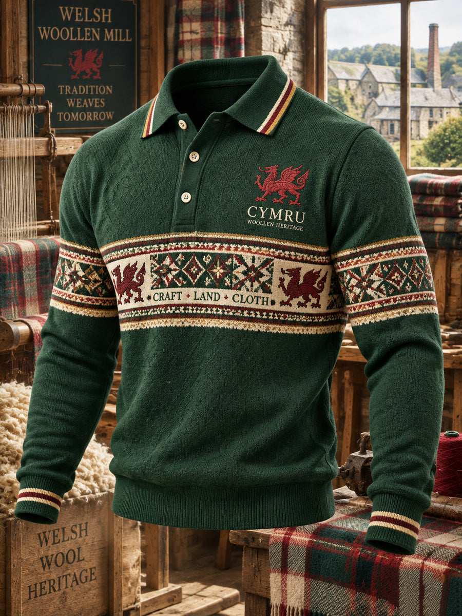 Men's Vintage British Wales Printed Long-sleeved Polo Shirt