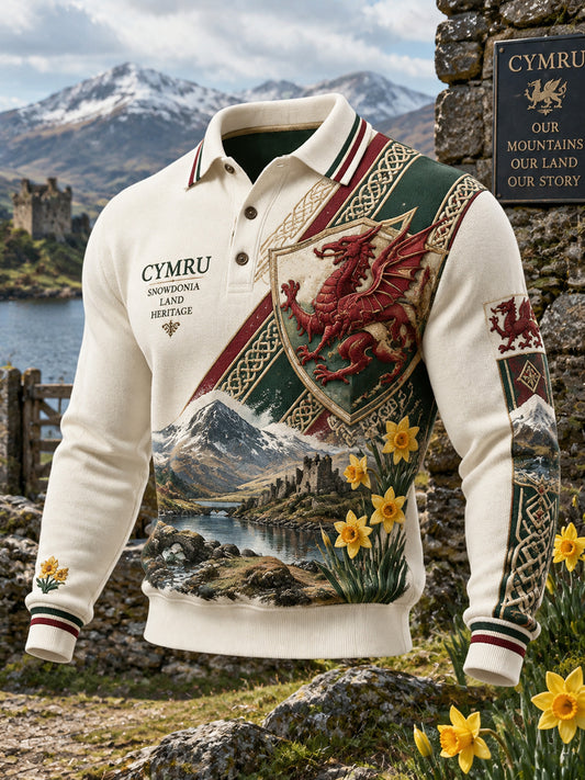 Men's Vintage British Wales Printed Long-sleeved Polo Shirt