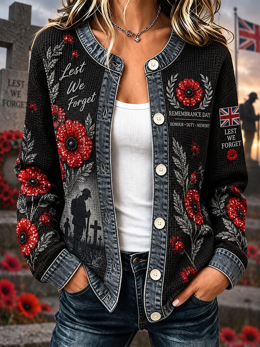 Women's Long-Sleeve Waffle-Knit Jacket With Remembrance Day Themed Print