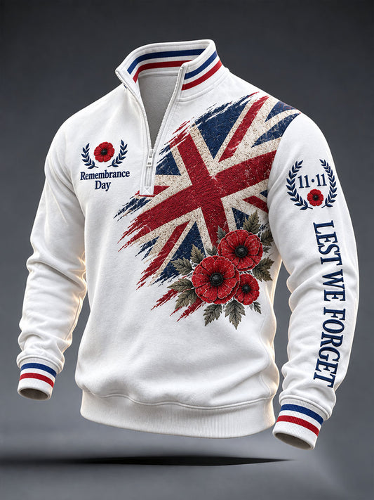 Men's Remembrance Day Lest We Forget Print Zip-Up Hoodie