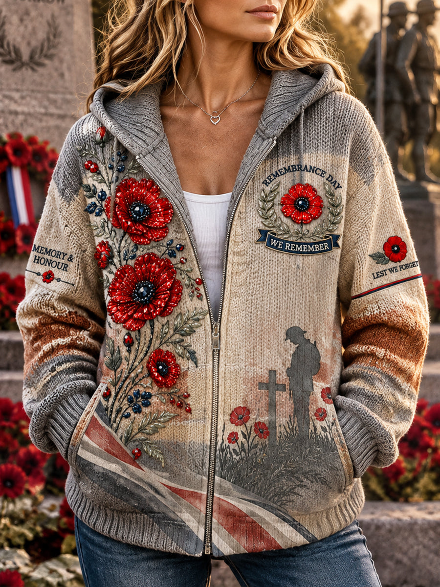 Women's Remembrance Day Veteran Commemorative Print Knit Hoodie