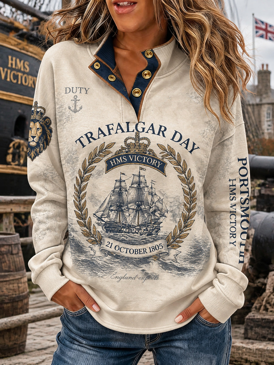 Women's British Trafalgar Day Printed Button-up Stand-collar Sweatshirt