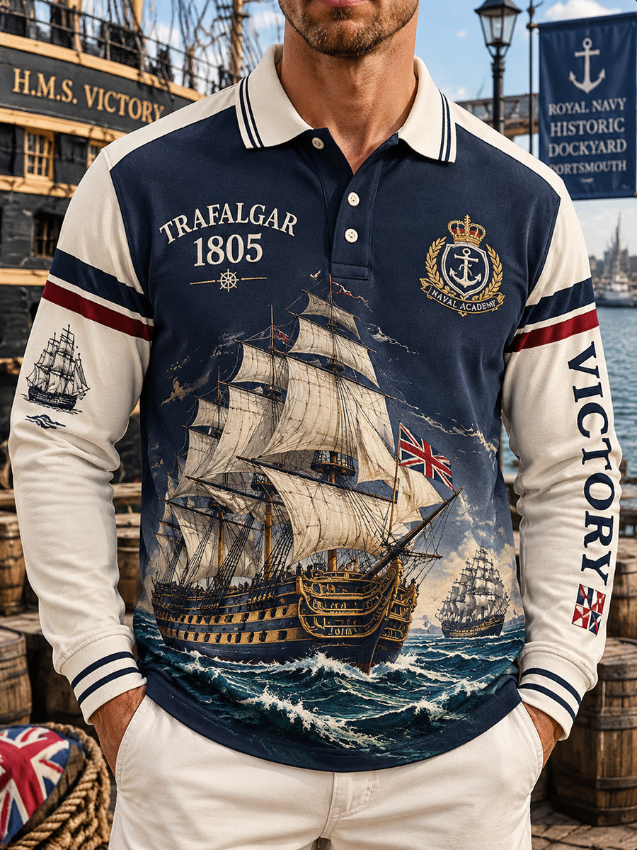 Men's Long-sleeved British Trafalgar Day Printed Polo Shirt