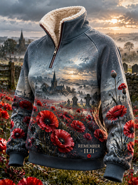Women's British Remembrance Day Printed Fur Collar Top