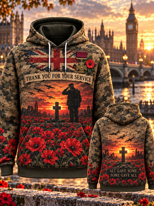 Men's Remembrance Day Lest We Forget Print Hooded Sweatshirt
