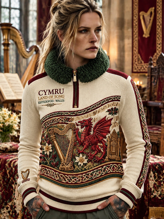 Women's Vintage British Wales Printed Fleece-Lined Zipper Sweatshirt
