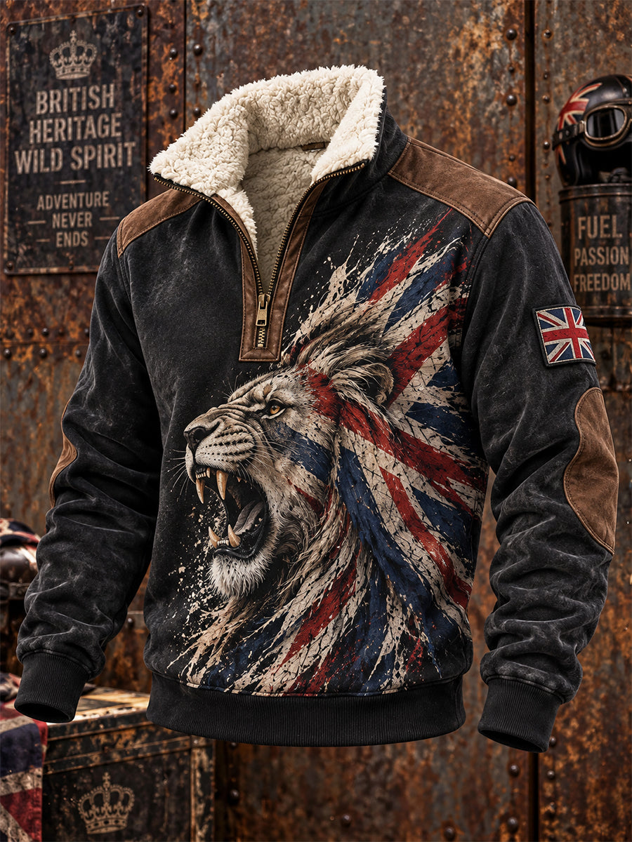 Men's British Lion Printed Plush Stand Collar Shirt