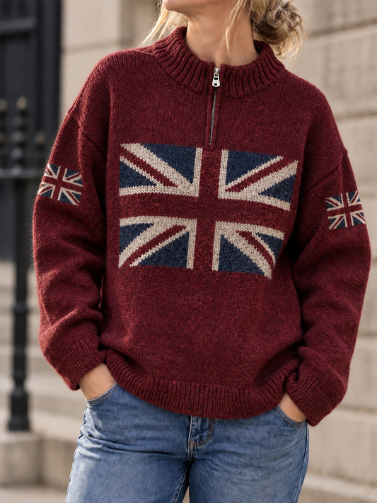 Women's UK Flag Print Casual Zipper Pullover