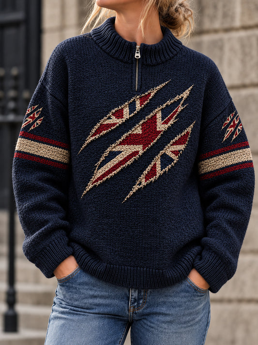 Women's UK Flag Print Casual Zipper Pullover