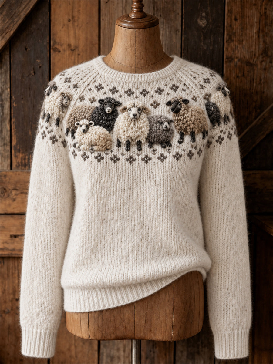 Women's Vintage Fuzzy Sheep Yoke Isle Print crew neck sweater