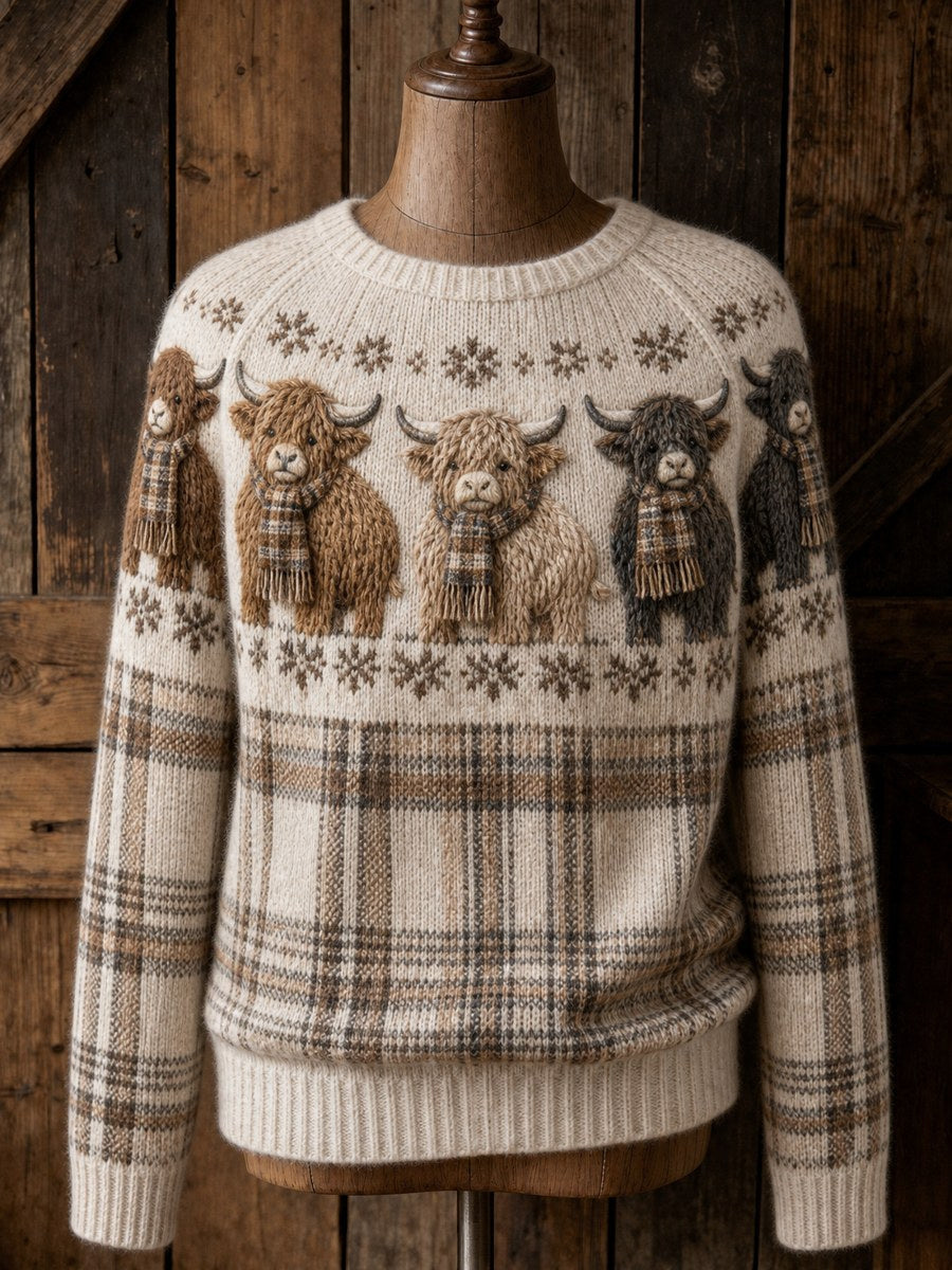 Women's Vintage Highland Cows Yoke & Scotland Tartan Print crew neck sweater